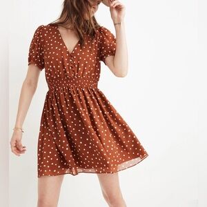 Madewell Brown Polka Dot Smocked-Waist Mini Dress in Inkspot Dots | Small